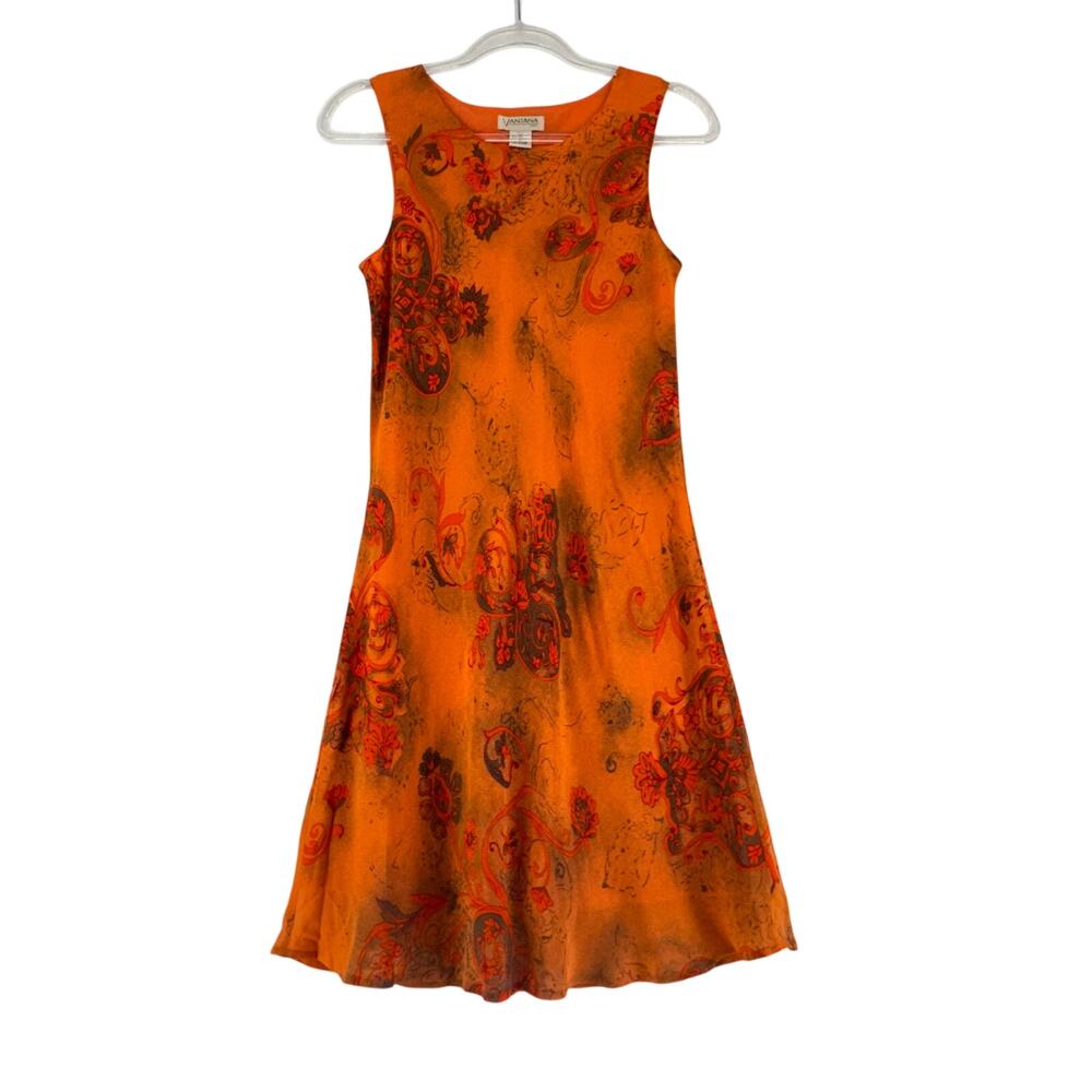 Vintage Y2K Vantana Italy 100% Silk Orange Paisley Dress Boho Retro Size 6
